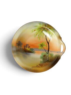 Noritake Antique Porcelain Bonbon Dish Hand Painted Landscape Japan 6"